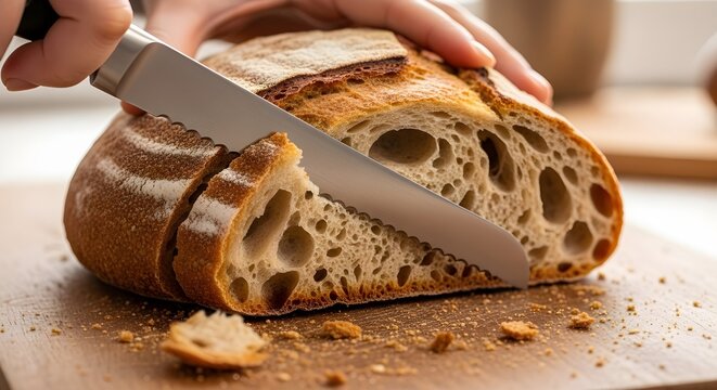 Slicing a rustic artisan sourdough bread loaf on a wooden cutting board with a serrated knife creating beautiful airy crumb texture