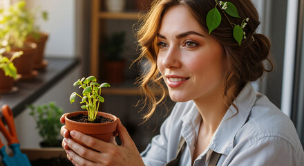 A smiling woman with leaves in her hair lovingly holds a growing herb plant in sunlight, embodying joy and nurturing, setting a peaceful mood.