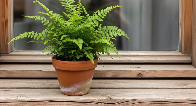 Lush Green Fern Plant in a Terracotta Pot on a Wooden Window Ledge
