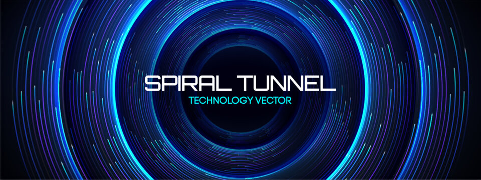 Spiral tech whirlpool with circular pattern abstract radial line and background circle. Vortex shimmering black with modern digital curve center and future illustration update. Arc fantasy blue