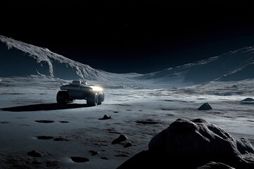 Futuristic Exploration Rover Vehicle Driving on the Deeply Shadowed, Rocky Surface of an Alien Planet or Moon