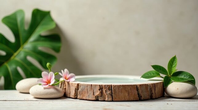 Serene Spa Setting with Water Vessel, Stones, and Blossoms on Wooden Surface