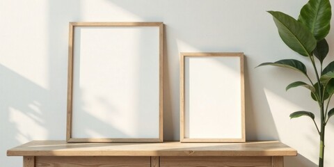 Empty wooden picture frames on a light wood surface with a leafy plant beside them, bathed in sunlight