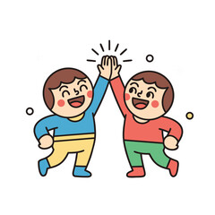 Two Cheerful Cartoon Boys Giving Each Other A High Five With Sparkles And Stars In A Flat Design Style Against A Black Background Celebrating Success Or Friendship