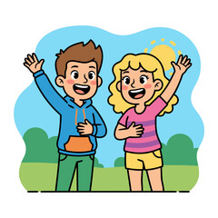 Two Cheerful Cartoon Children Waving Hello Standing Outdoors in a Sunny Park on a Clear Day