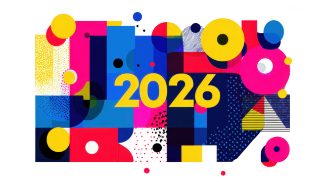 Vibrant new year celebration 2026 abstract geometric shapes colorful graphics modern design festive environment