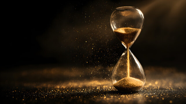 Hourglass with golden sand, symbolizing time passing and the concept of fleeting moments