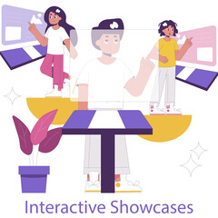 Three diverse people interacting with interactive displays showcasing digital art and data visualizations in a modern exhibition setting with purple and pink hues and yellow accents