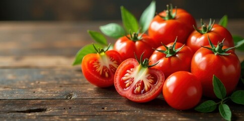 Juicy red tomatoes, sliced and whole, on rustic wood , still life, image, ripe