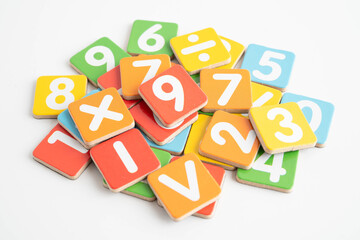 Number wood block cubes for learning Mathematic, education math concept.