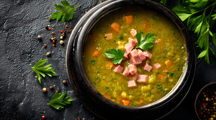 Delicious green pea soup with diced ham and fresh parsley in a rustic bowl on dark background