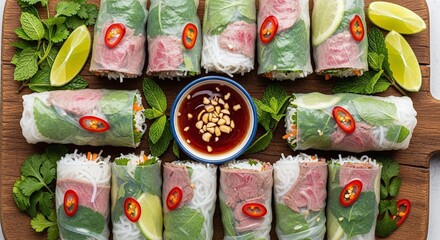 Vietnamese fresh pho rolls with herbs