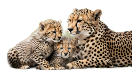 Cheetah family portrait serene mama cubs nestled close