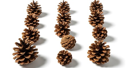 Pine cones arranged in rows studio shot on white perfect for holiday backgrounds
