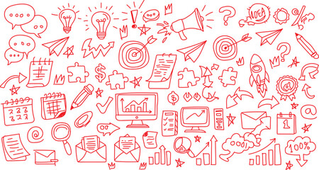 Business idea doodle collection with charts and icons A collection of red hand-drawn business doodles including charts, graphs, lightbulbs, and communication icons.