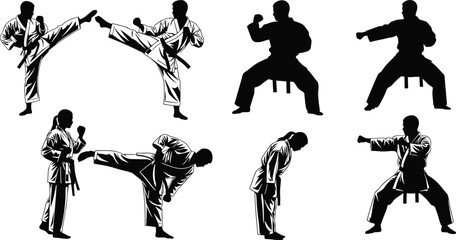 Karate silhouette set, seven dynamic poses, gi uniform, high kick, punch, bowing stance, martial arts illustration, vector art