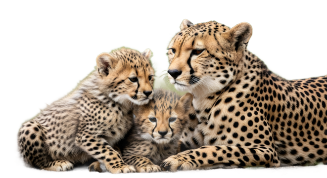 Cheetah family portrait serene mama cubs nestled close
