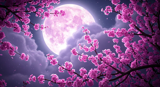 A full moon lights up a beautiful spring night, casting its glow on the branches of a blossoming tree adorned with delicate pink flowers. AI art, digital backgrounds, mood boards, or generative visual