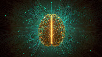 Glowing brain with amber and teal corporate palette, soft volumetric rays radiate behind, symbolizing intelligence, innovation, and futuristic technology concepts