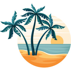 Three Tall Palm Trees Silhouetted Against a Soft Orange Sunset Sky Over a Calm Blue Ocean and Sandy Beach in a Circular Emblem