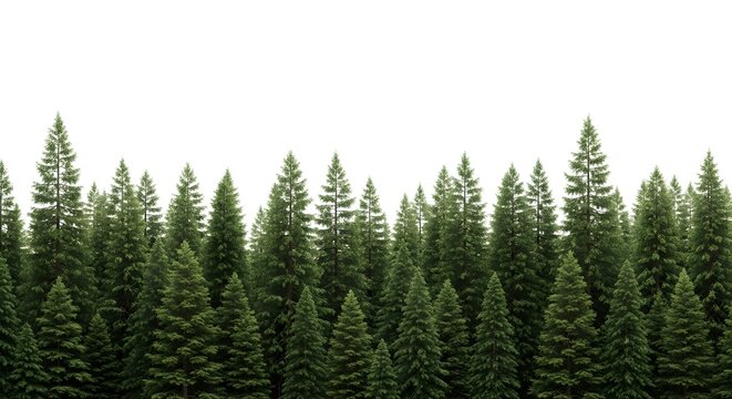 Dense evergreen forest of tall pine trees isolated on white background nature landscape element