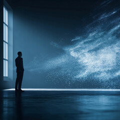 Fototapeta premium Businessman standing in dark modern office watching abstract digital data visualization with glowing particles, futuristic technology concept, innovation and inspiration