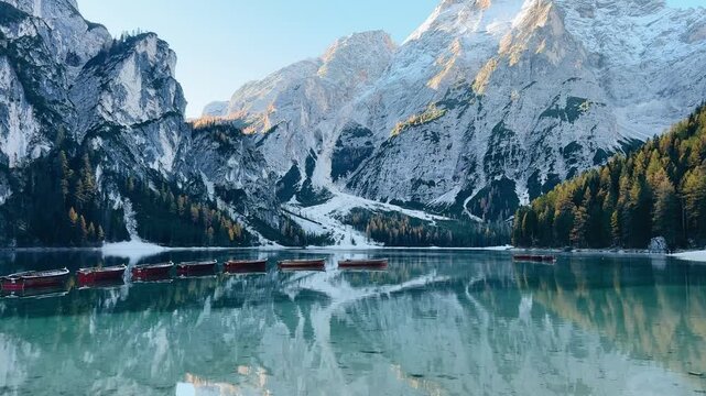 Explore the stunning beauty of Lago di Bries with serene waters and majestic mountains at dawn