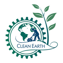 Clean earth concept with a person cleaning the planet inside a gear and plant growing