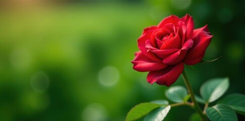 Single red rose, lush green leaves, rustic farm background , flora, spring