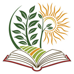 Open book with growing plants and sun symbolizing knowledge and growth