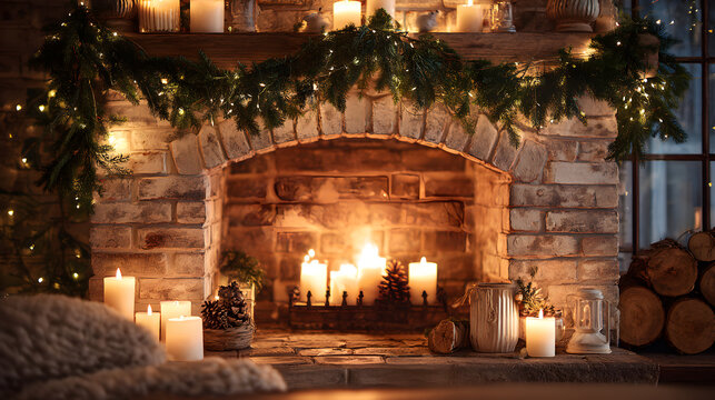 Fireplace decorated with pine garland, warm candlelight diffusion and cozy holiday charm
