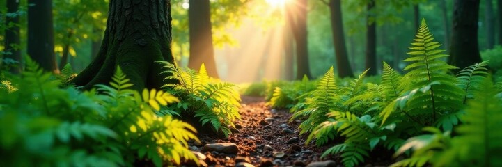 Soft morning light filters through lush ferns and moss along a forest track , fresh, trail