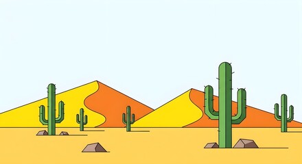 Minimalist illustration of a desert landscape with cacti and sand dunes under a bright sky, perfect for travel and nature themes.