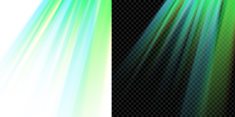 Abstract green, cyan, and yellow light rays. Glowing digital visual effect VFX overlay, isolated on a transparent background.