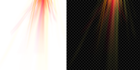Abstract red and yellow light rays and beams. Digital visual effect (VFX) overlay, isolated on a transparent background.