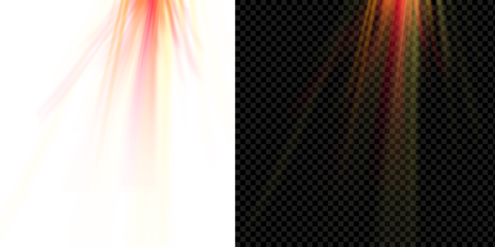 Abstract red and yellow light rays and beams. Digital visual effect (VFX) overlay, isolated on a transparent background.