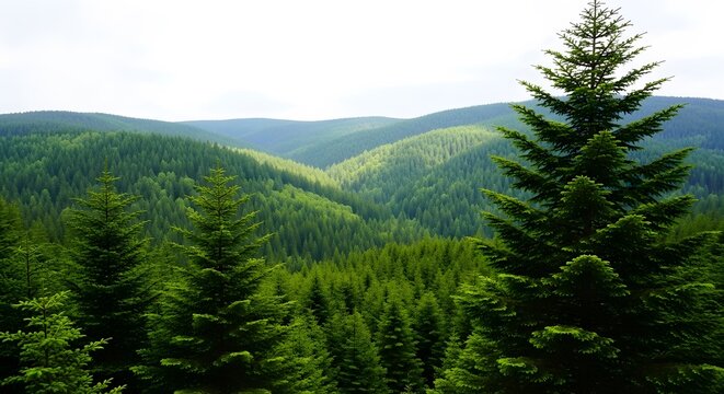 Lush green forest landscape dense evergreen trees covering hills scenic nature background - Powered by Adobe