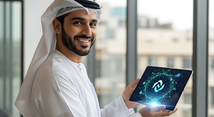 A smiling man in traditional Middle Eastern attire holding a digital tablet displaying a futuristic technological interface in a modern office setting