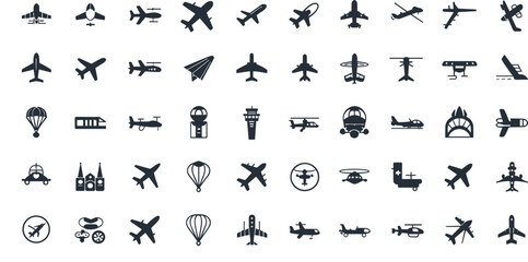 Collection of airplane, helicopter, and aviation vector icons showing aircraft, drones, airports, and flight symbols for travel and transportation design