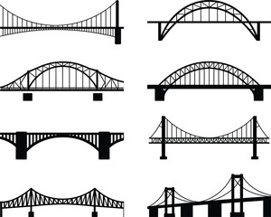 Collection of bridge silhouettes vector illustration featuring different bridge types including suspension, arch, truss, and cable-stayed engineering structures.