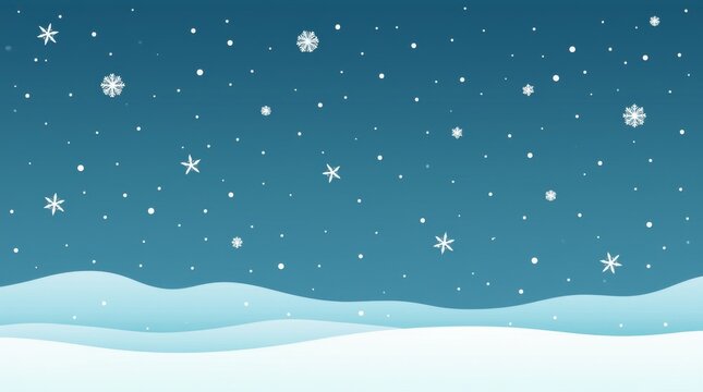 Snowy winter landscape with falling snowflakes and snowdrifts against a blue background