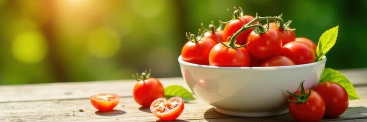 Sun-kissed organic tomatoes, bright white bowl, sun, vitamin