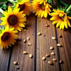 Sunflowers seeds scattered on rustic wood surface , light, still life, brown