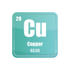 Copper chemical element tile. Atomic number twenty nine. Cu sign Vector icon. Blue cyan square shape.