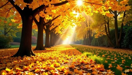 Sunlit ginkgo path, golden leaves carpeting ground, canopy overhead, yellow leaves, sunlight, leafy path