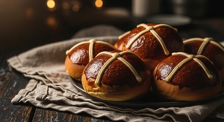 Traditional hot cross buns arranged on a rustic wooden table