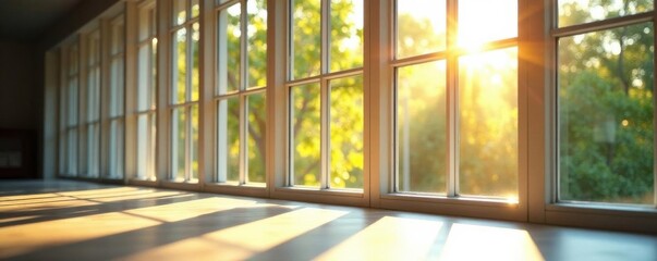 Vertical row of slim windows, sunlight streaming through, close-up, structure