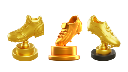 Golden sport shoe trophies, symbol of achievement and winning.