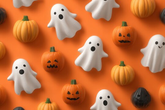 Seamless Halloween pattern featuring playful ghosts and cheerful pumpkins against a vibrant orange background for festive decorations and apparel designs