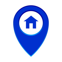 Home location pin. House building marker. Vector address symbol. Blue property icon